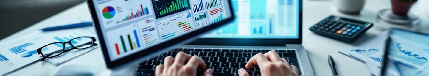 accounting-software-laptop-boekhouding-interface.jpg Laptop met kleurrijke boekhoudingssoftware op scherm, handen typen op toetsenbord, calculator en documenten op bureau