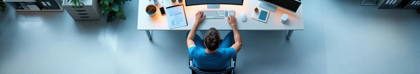 ergonomische-werkplek-kantoor-bureau-setup.jpg Ergonomische kantoorwerkplek van bovenaf met computer, bureaustoel en georganiseerde archiefkasten in blauw-wit interieur