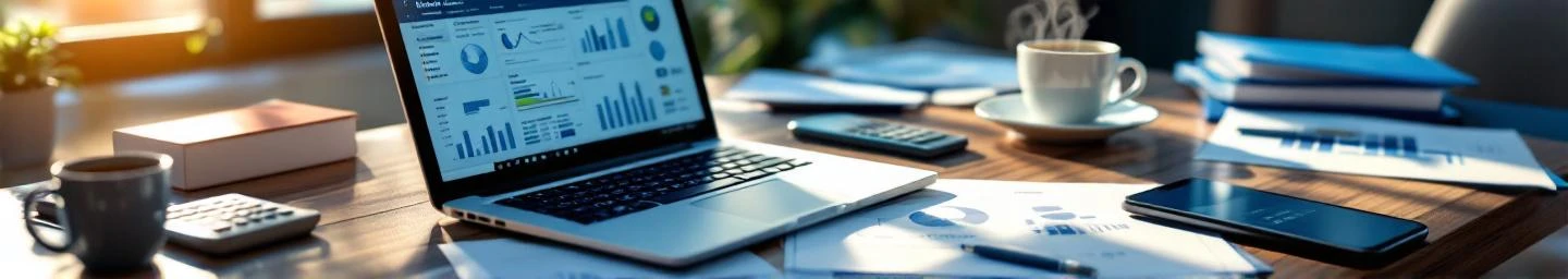 administrative-ervaring-kantoor-bureau-professioneel.jpg Professioneel bureau met laptop met spreadsheets, rekenmachine, documenten en koffie op houten tafel